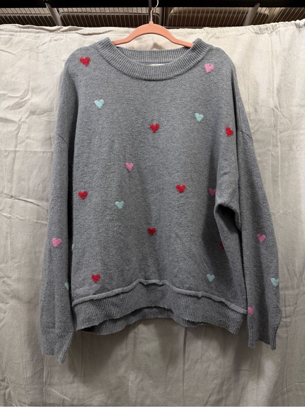 Terra & Sky Gray Crewneck Sweater with Red, Pink & Mint Hearts